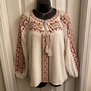 Skies Are Blue Tops | Cream & Red Embroidered Top